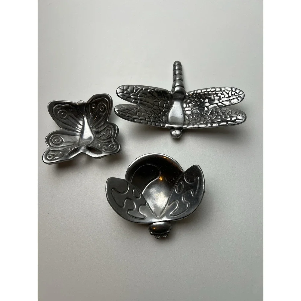 THREE  Silver Metal  Trays DRAGONFLY  LADY BUG  BUTTERFLY Candle Holder Dishes